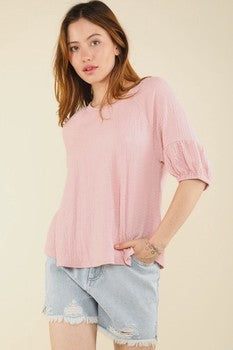 Half Puff Sleeve Crinkle Knit Top