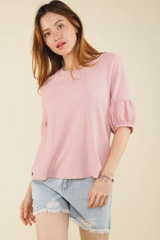 Half Puff Sleeve Crinkle Knit Top