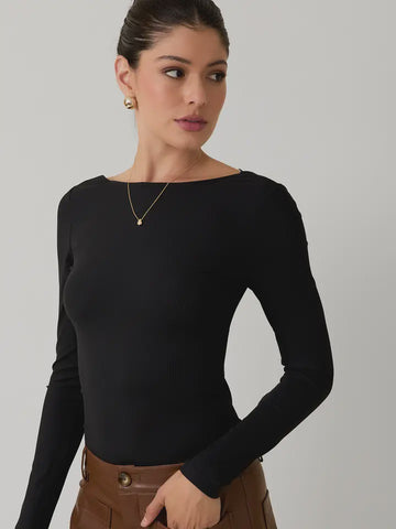 Black Boat Neck Long Sleeve Body Suit
