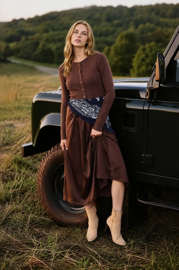 Dark Brown Knit Cardigan Satin Twofer Midi Dress