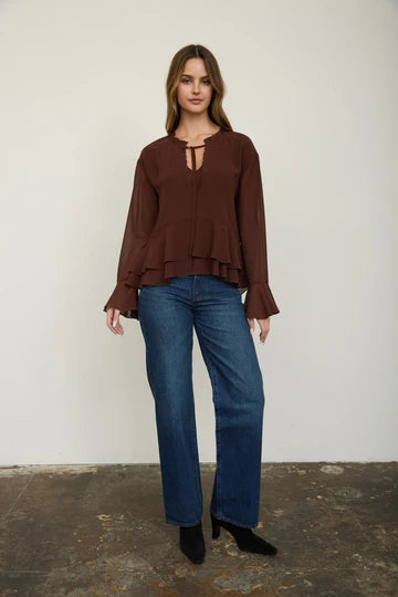 Brown Tiered Ruffle Tie Neck Long Sleeve Top