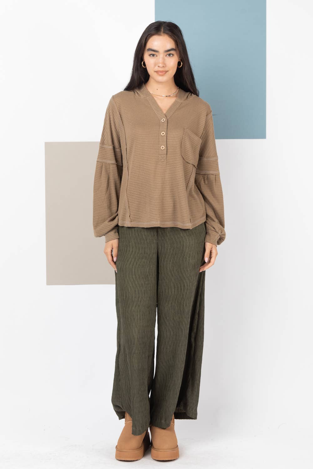 Olive - Crinkled Flowy Wide Leg Pants