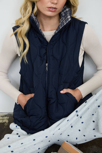 Navy Plaid Collar Quilted Vest