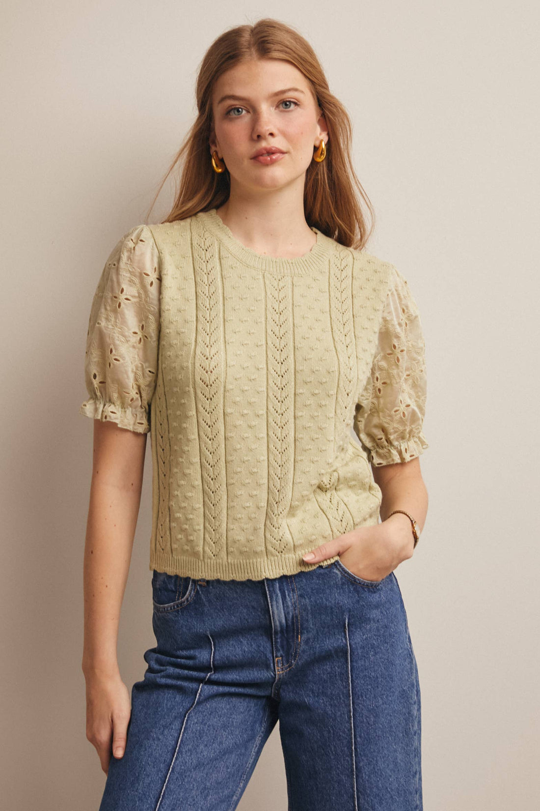 Light Sage Lace Puff Sleeve Knit Top