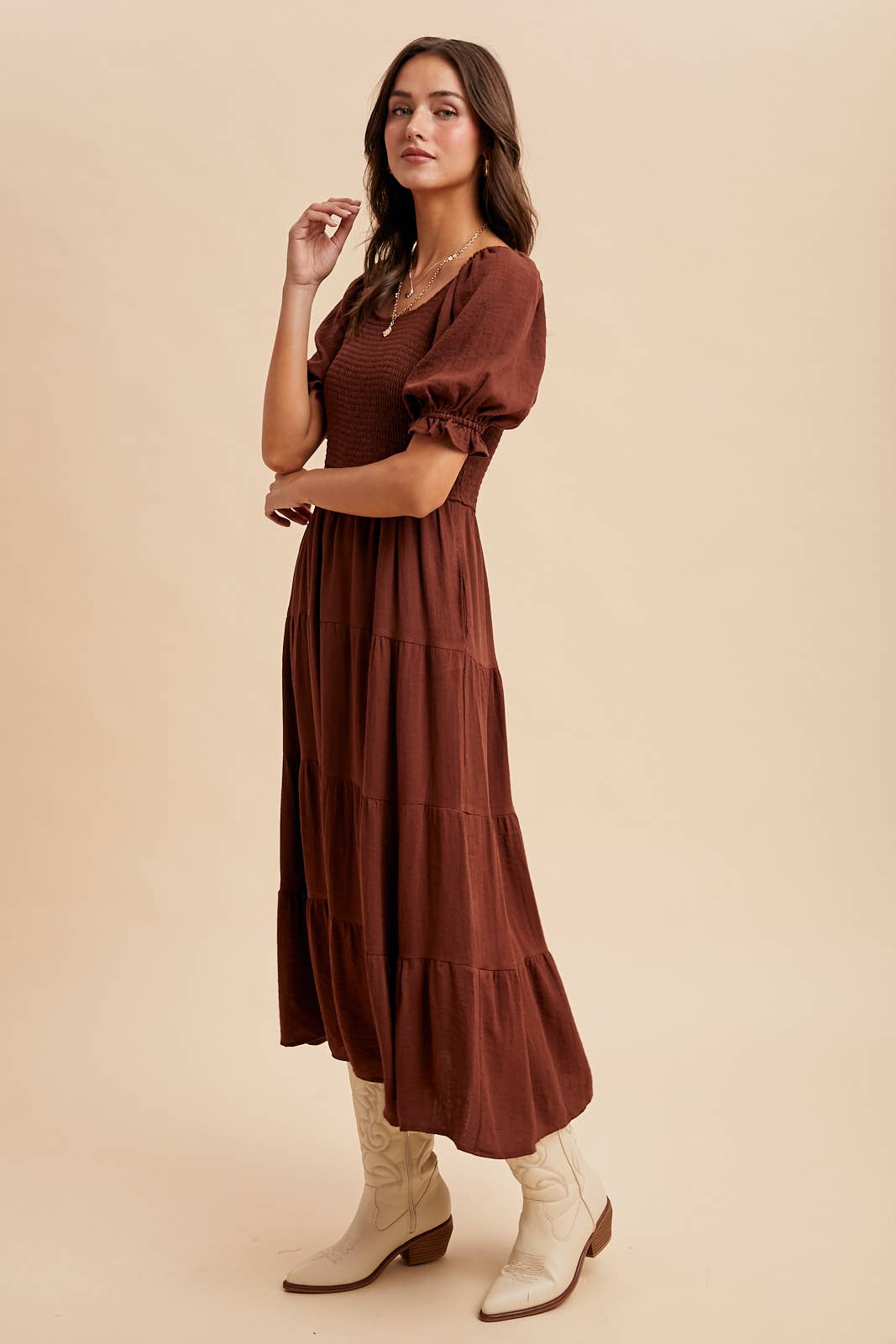 Chestnut Brown - Smocked Tiered Maxi Dress