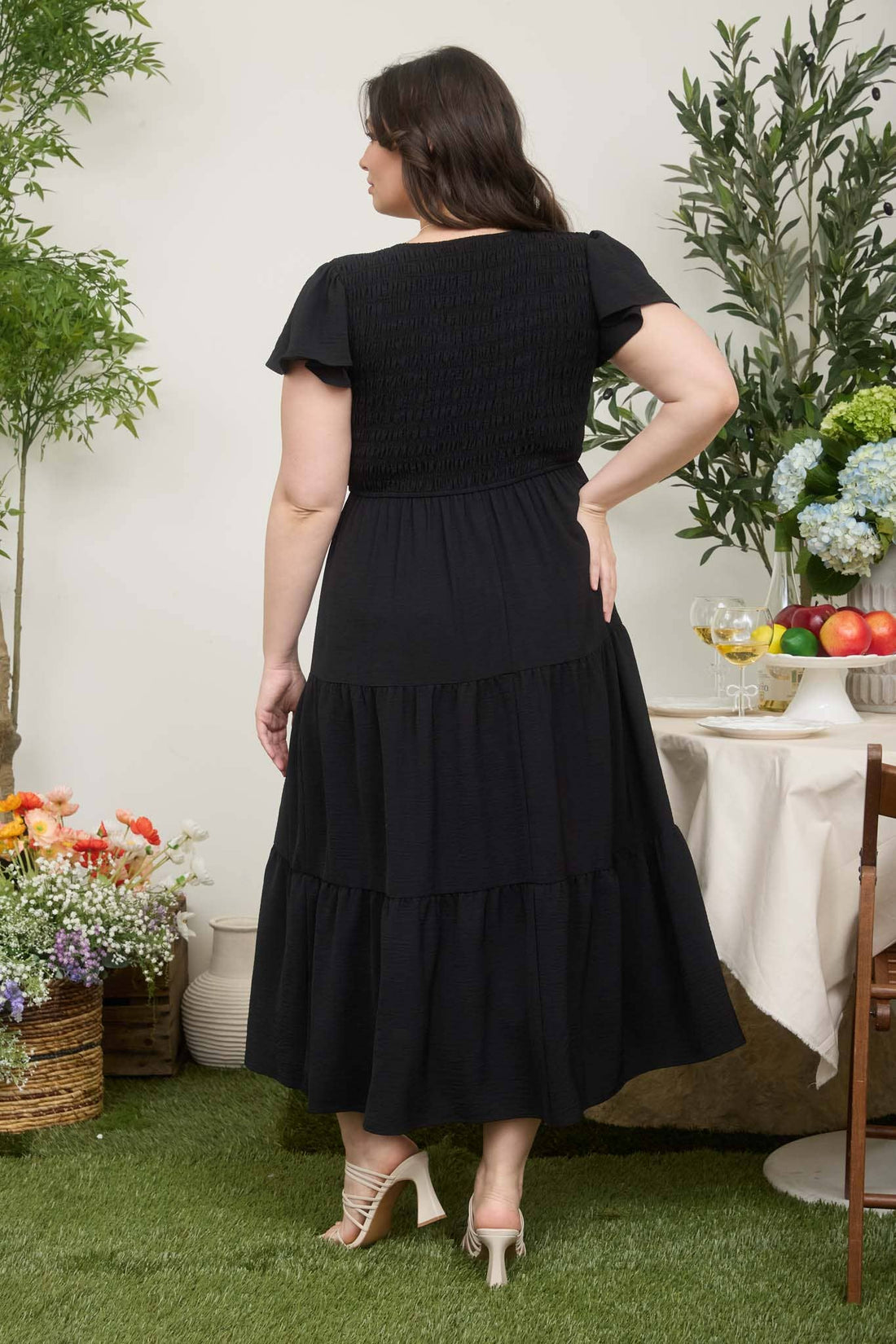 PLUS/ Black Flutter Sleeve Smocked Midi Dress