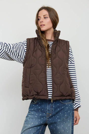 Dark Brown Plaid Collar Quilted Vest