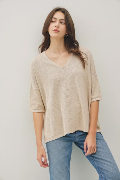 Beige Cotton Slub V-Neck