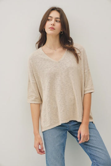 Beige Cotton Slub V-Neck