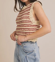 Cream-Brick Stripe - Round Neck Sleeveless Stripe Crochet Tank