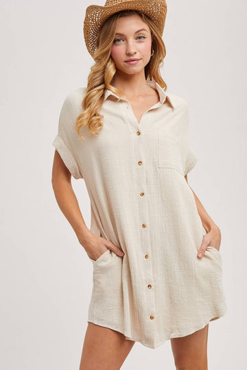 Oatmeal Button Up Shirt Dress with Pockets