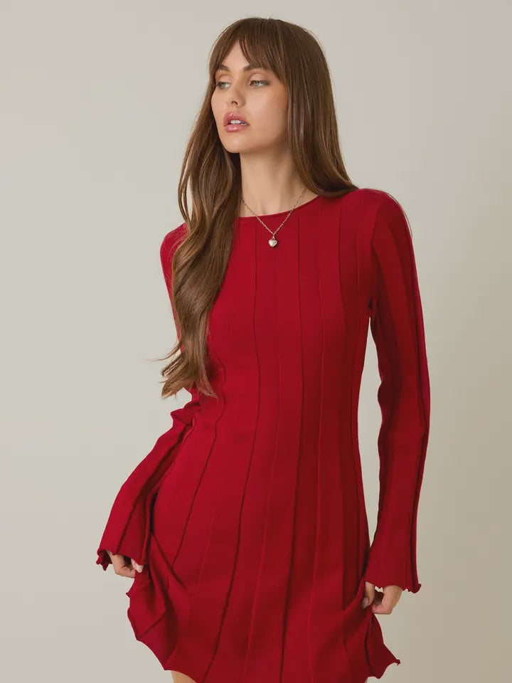 Dark Red Long Sleeve Ribbed Sweater Mini Dress