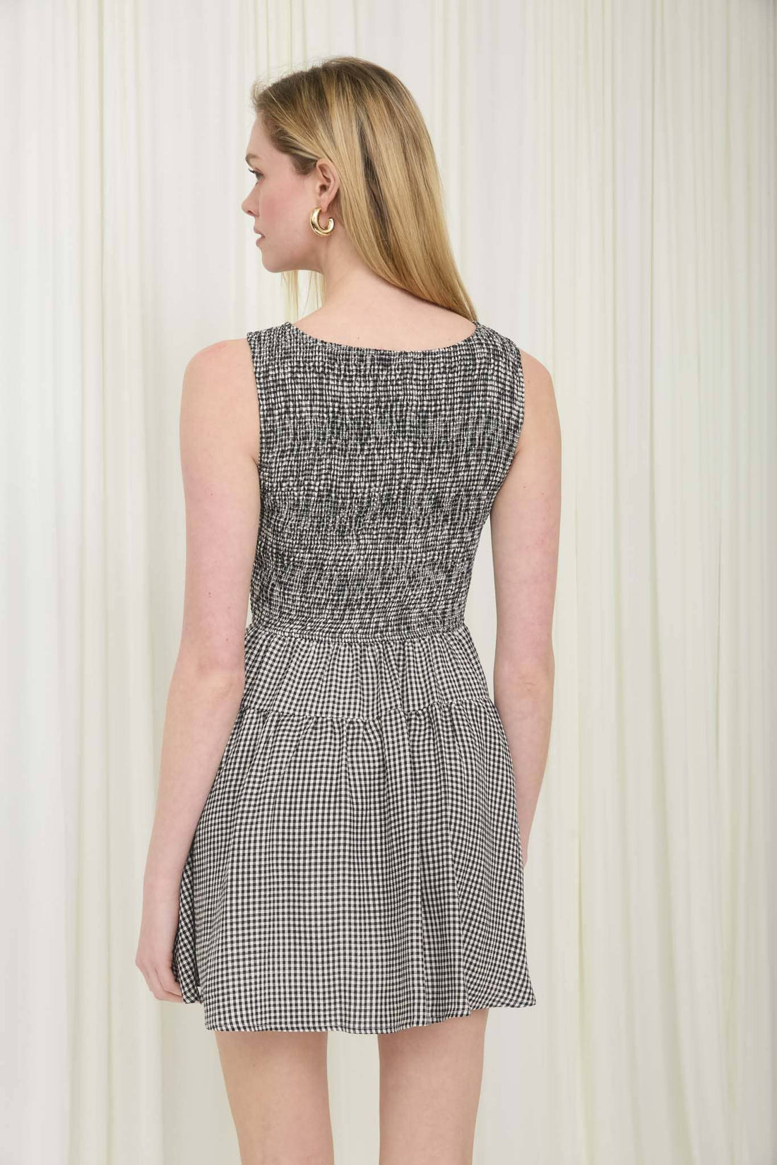 Black - Gingham Sleeveless Smocked Mini Dress