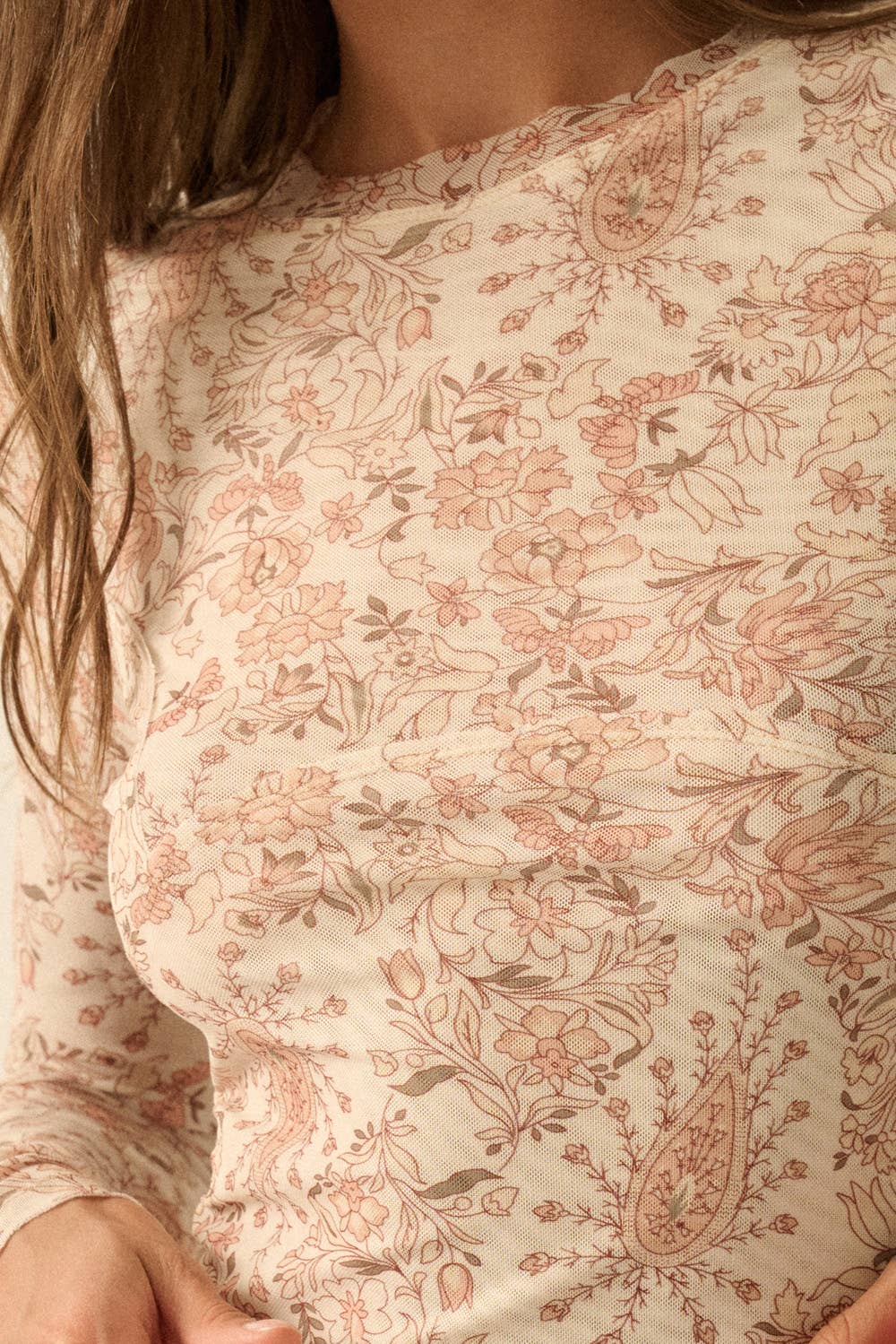 Floral Mesh Raglan Contour Long Sleeve Top