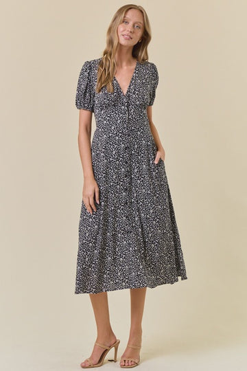 Ditsy Floral V-Neck Puff Sleeve Dress
