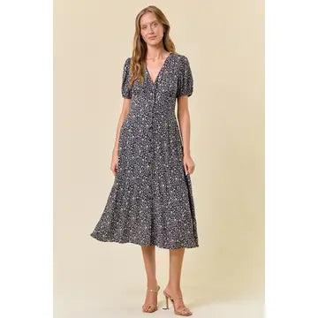 Ditsy Floral V-Neck Puff Sleeve Dress