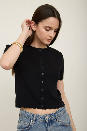 Black - Scalloped Short Sleeve Button Down Cardigan