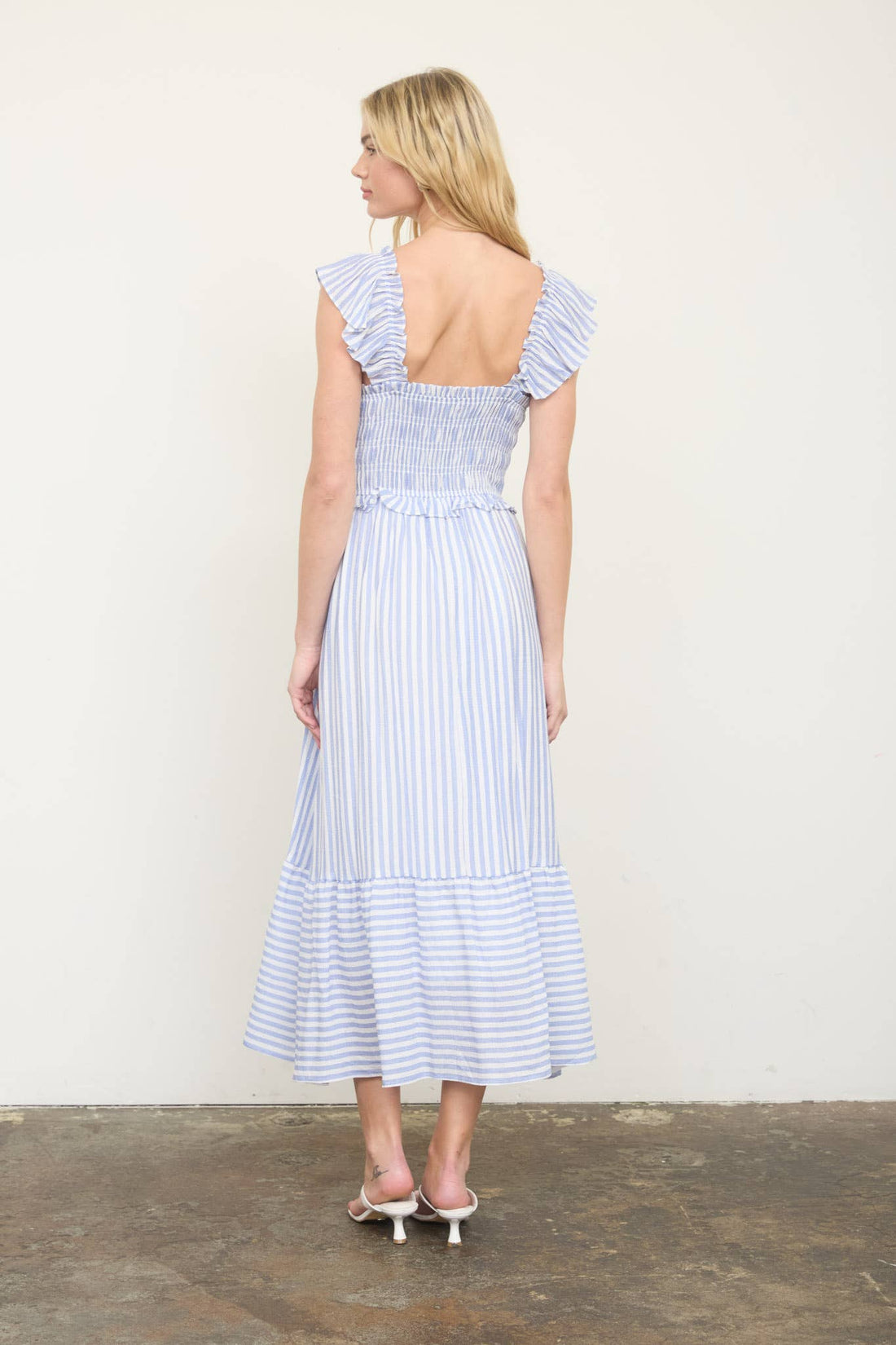 Blue - Stripe Smoked Ruffle Trim Midi Dress