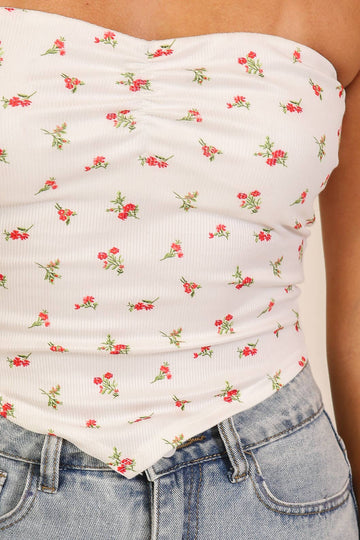 Ivory/Red - Floral Ribbed Handkerchief Tube Top
