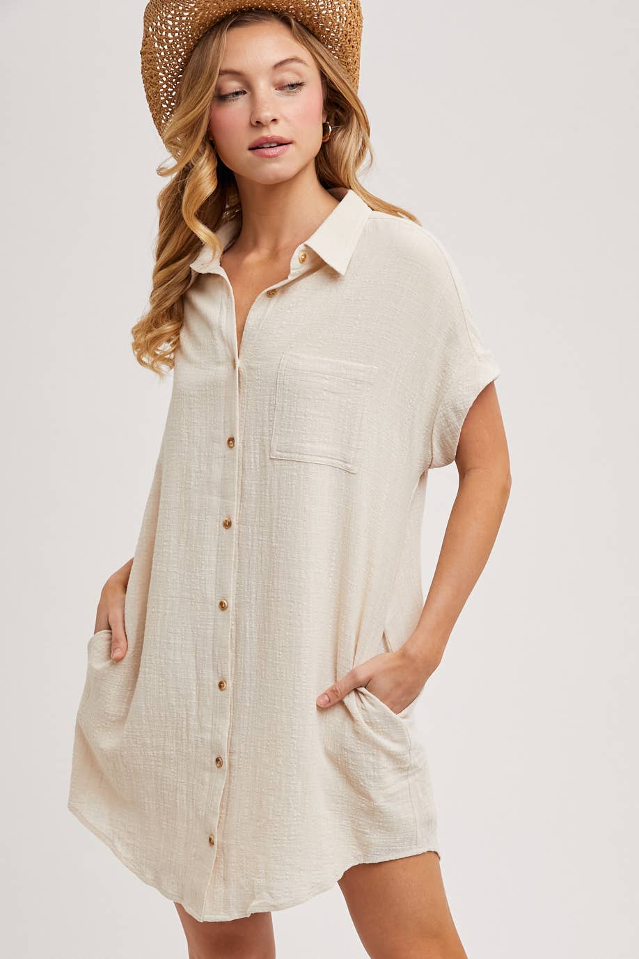Oatmeal Button Up Shirt Dress with Pockets