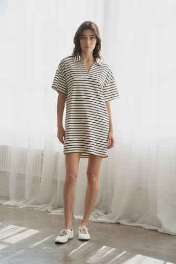 Collared V-Neck Striped Mini Dress