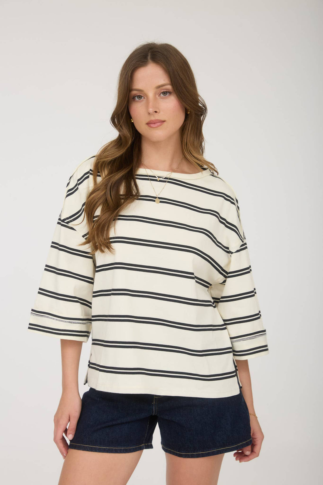 Cream - Stripe Raw Edge Oversize Knit Top