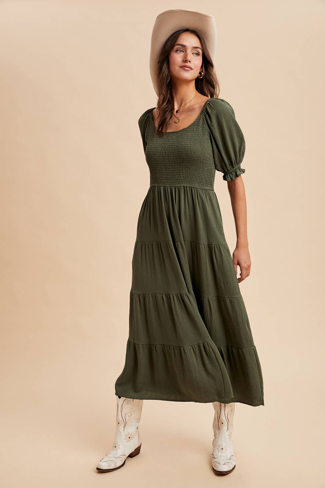 Forest Green Smocked Tiered Maxi Dress
