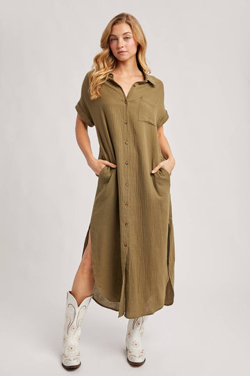 Lt. Olive Button Up Maxi Dress with Pockets