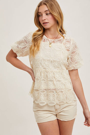 Sheer Crochet Baby Doll Top with Lining