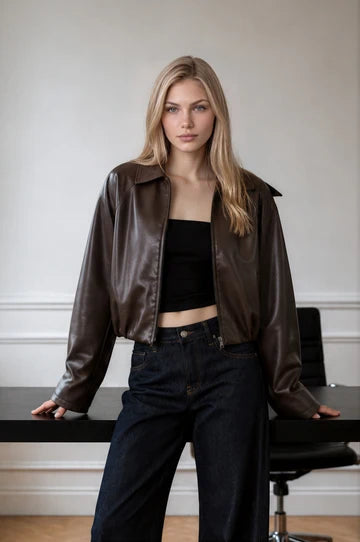 Brown Cropped Collared Faux Leather Jacket