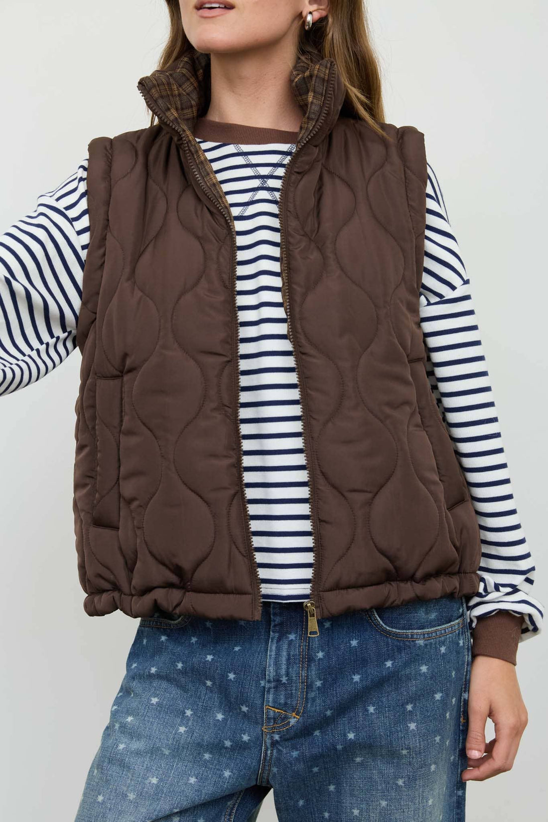 Dark Brown Plaid Collar Quilted Vest