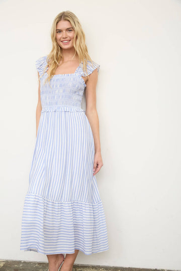 Blue - Stripe Smoked Ruffle Trim Midi Dress