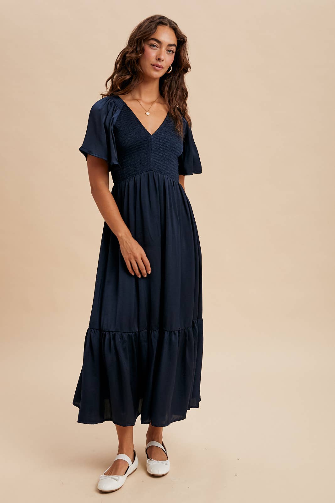 Midnight Smocked Washed Satin Midi Dress