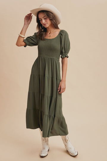 Forest Green Smocked Tiered Maxi Dress
