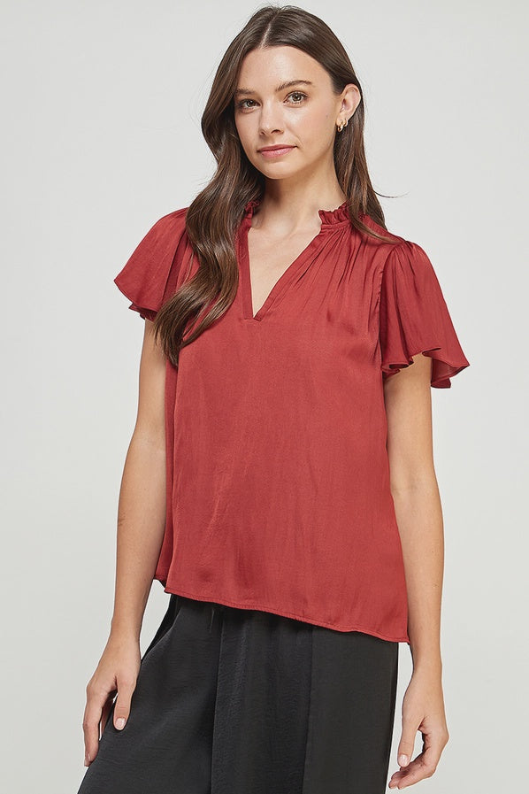 Satin Ruffle V Neck Flare Ruffle Sleeve Top