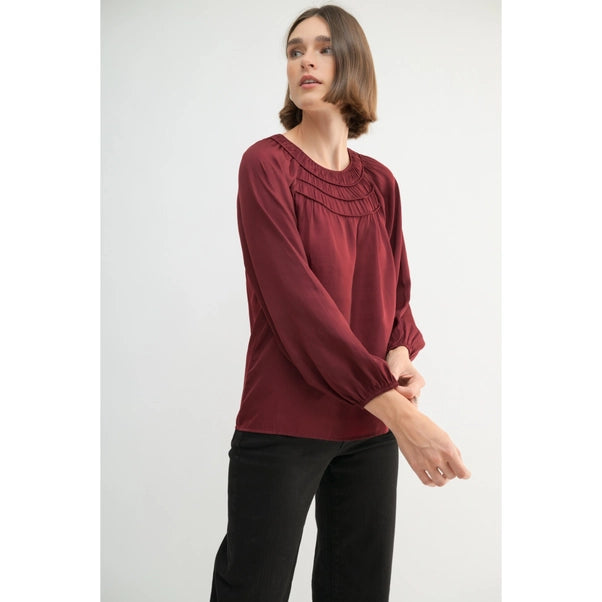 Maroon Satin Shirring Detail Blouse