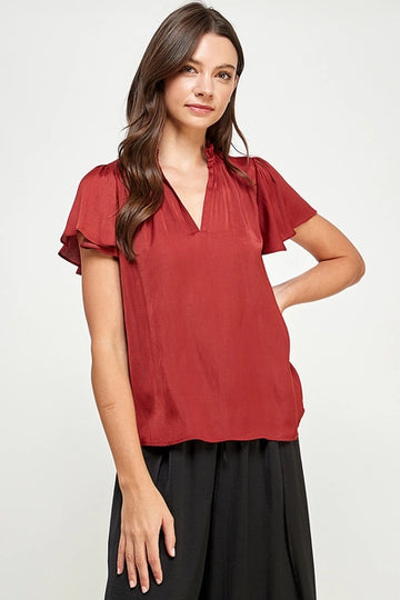 Satin Ruffle V Neck Flare Ruffle Sleeve Top