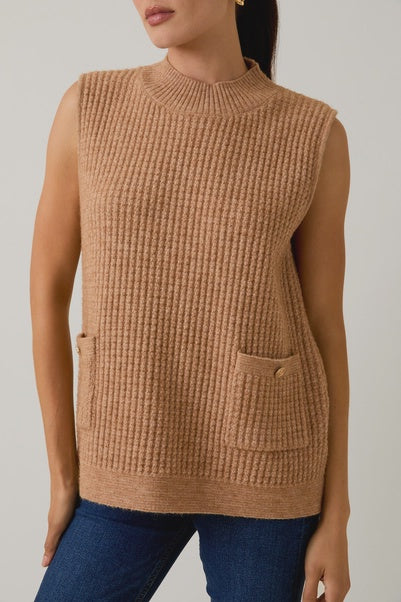 Beige - Mock Neck Sleeveless Oversized Vest
