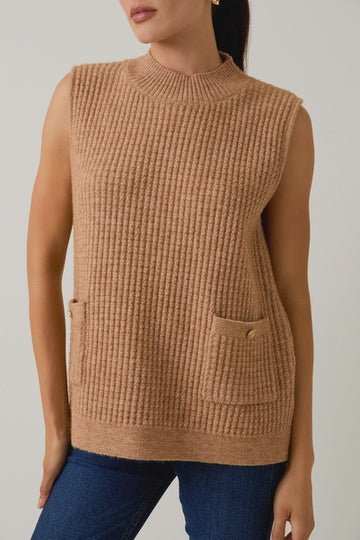 Beige - Mock Neck Sleeveless Oversized Vest