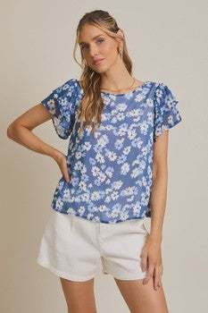 Blue-White Double Ruffle Sleeve Floral Print Top