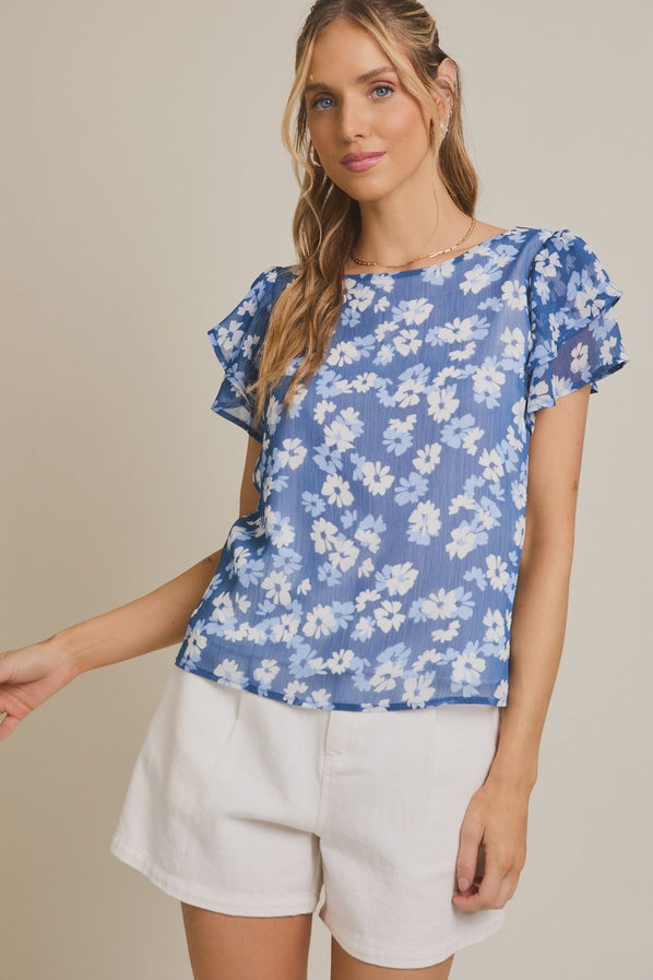 Blue-White Double Ruffle Sleeve Floral Print Top