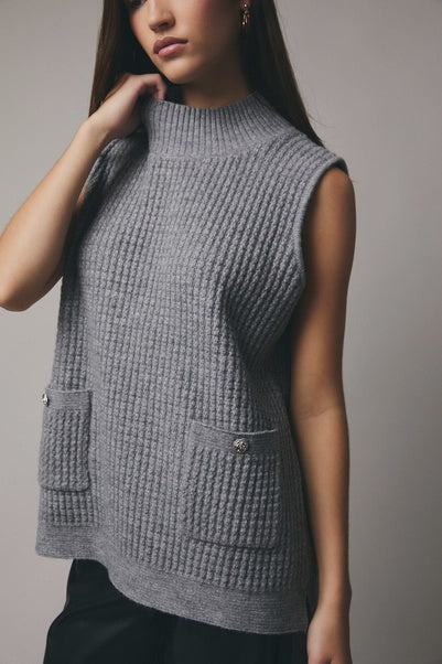 Grey - Mock Neck Sleeveless Oversized Vest