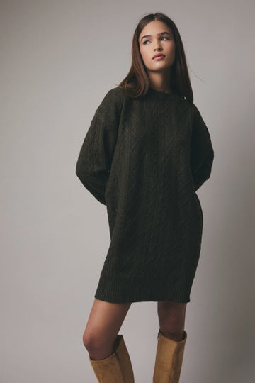 Olive -Round Neck Cable Sweater Dress