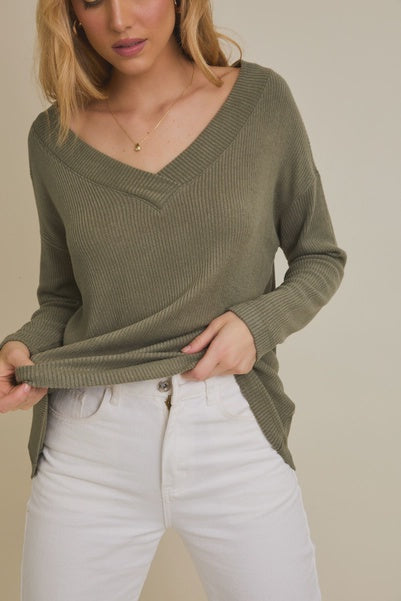 Olive V Neck Long Sleeve Top