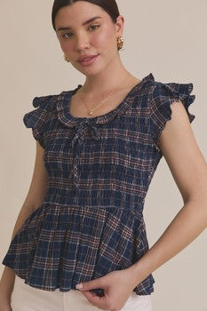 Scoop Neck Smocked Ruffle Plaid Top