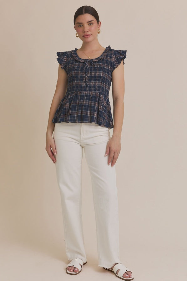 Scoop Neck Smocked Ruffle Plaid Top