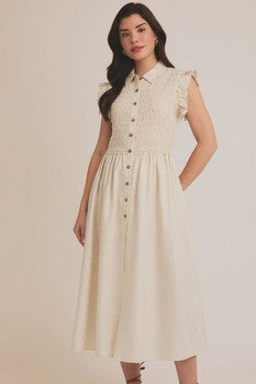 Linen Button Up Smocking Top Ruffle Sleeve