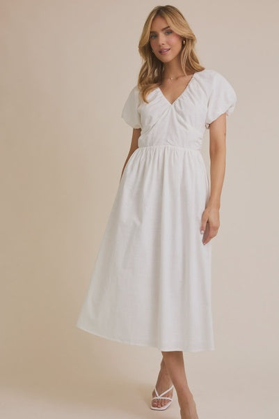 White V-Neck Half Bubble Hem Sleeve Midi Dress