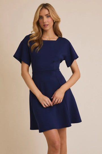 Navy Square Neck Flare Hem Mini Dress