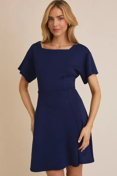 Navy Square Neck Flare Hem Mini Dress